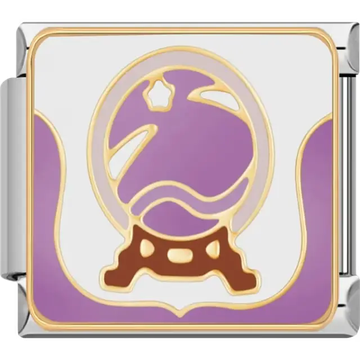 Purple crystal ball with gold outline on brown stand Italian charm bracelet link