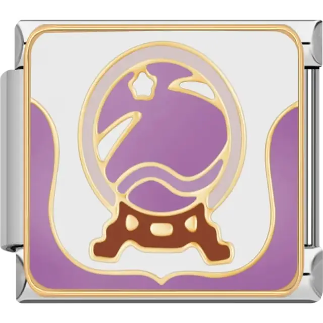 Purple crystal ball with gold outline on brown stand Italian charm bracelet link