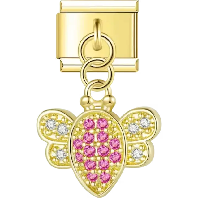 Bee-shaped dangle design with pink and clear crystal accents Italian charm bracelet link