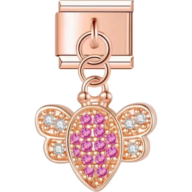 Bee-shaped dangle design with pink and clear crystal accents Italian charm bracelet link