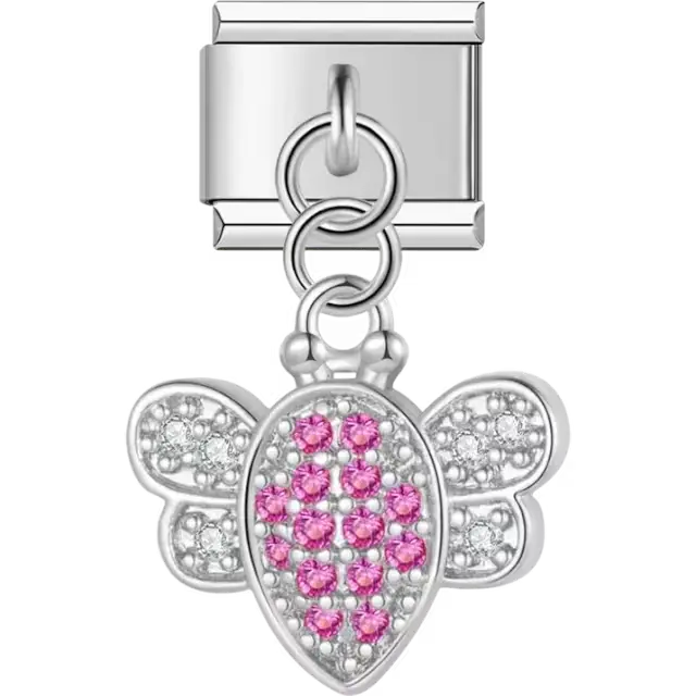 Bee-shaped dangle design with pink and clear crystal accents Italian charm bracelet link