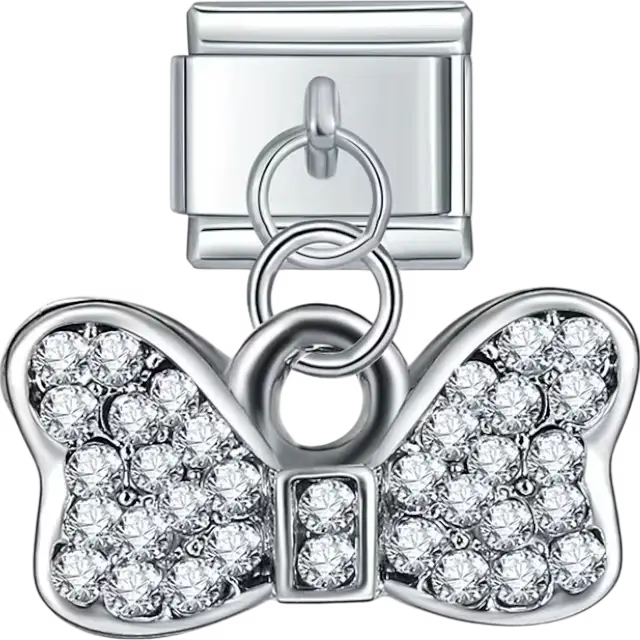 Dangle bow charm with clear crystal accents Italian charm bracelet link