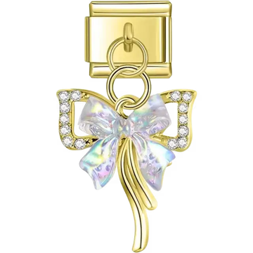 Iridescent bow with crystal accents and gold-tone details Italian charm bracelet link