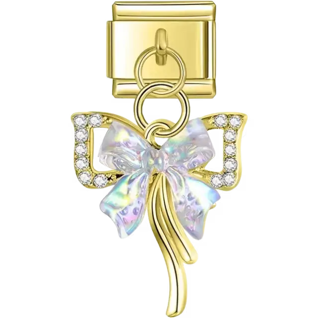 Iridescent bow with crystal accents and gold-tone details Italian charm bracelet link