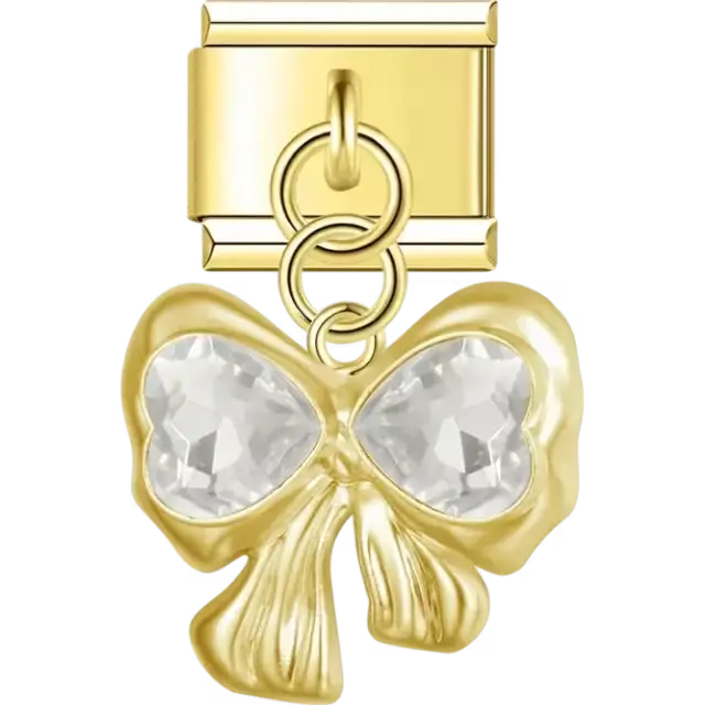 Double heart-shaped crystals forming a bow design Italian charm bracelet link