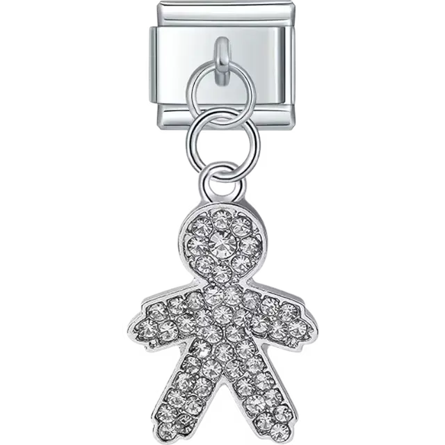 Boy-shaped design covered in clear crystals dangle Italian charm bracelet link