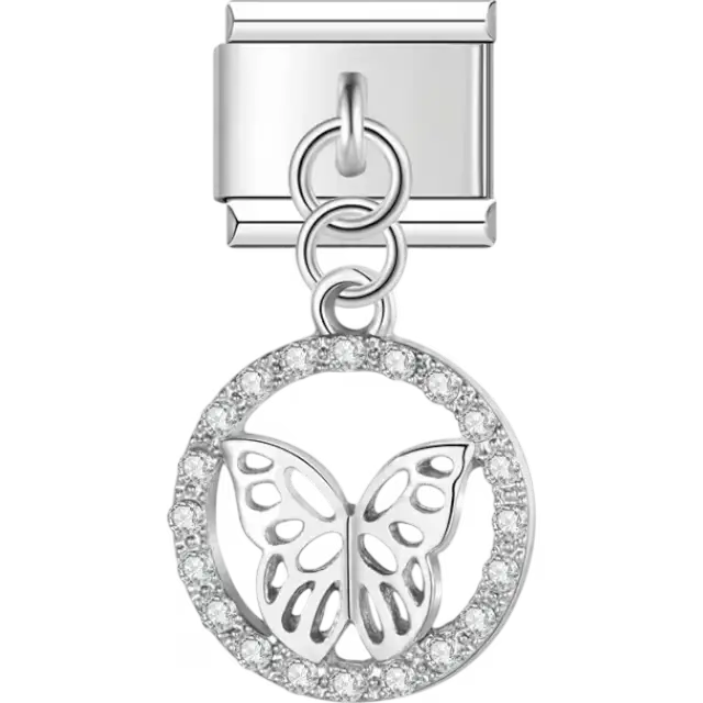 Crystal-studded circle with an openwork butterfly design Italian charm bracelet link