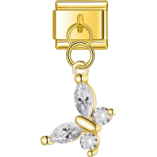 Butterfly-shaped dangle design with clear crystal wings Italian charm bracelet link