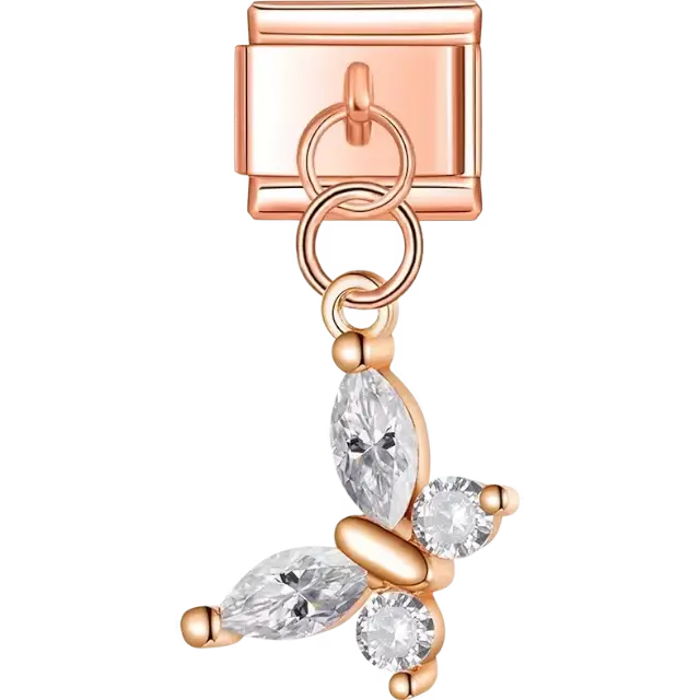 Butterfly-shaped dangle design with clear crystal wings Italian charm bracelet link
