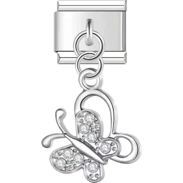 Crystal-studded butterfly with an open wing design Italian charm bracelet link