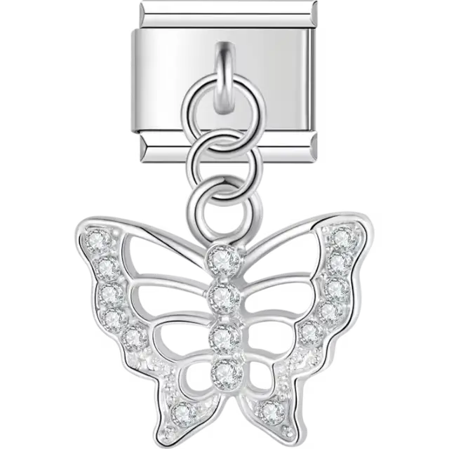 Crystal-studded butterfly with open wing design Italian charm bracelet link