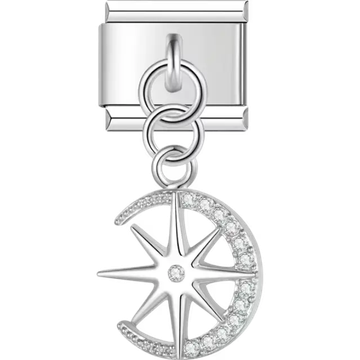 Crystal-studded crescent moon with a pointed star center Italian charm bracelet link