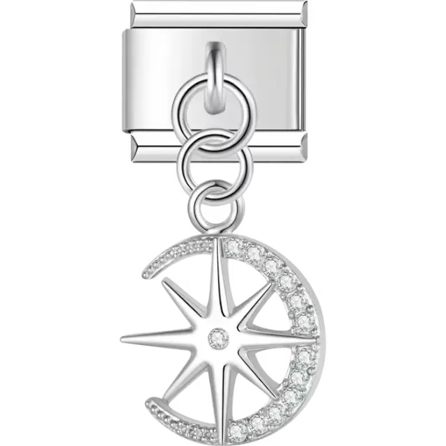 Crystal-studded crescent moon with a pointed star center Italian charm bracelet link