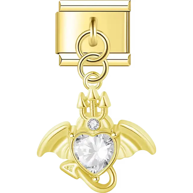 Dragon with trident tail clear crystal heart accent dangle Italian charm bracelet link