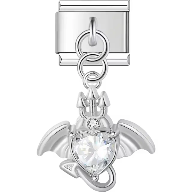 Dragon with trident tail clear crystal heart accent dangle Italian charm bracelet link