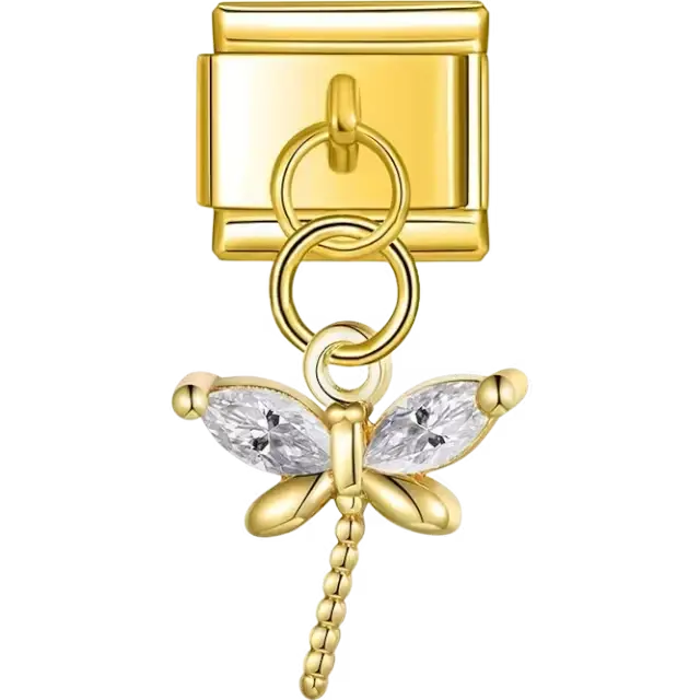 Dragonfly-shaped dangle design with clear crystal wings Italian charm bracelet link