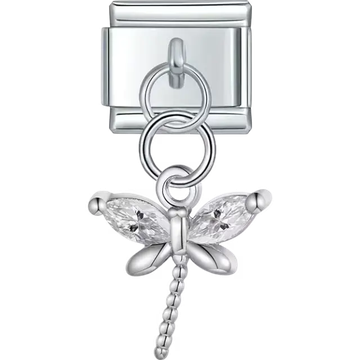 Dragonfly-shaped dangle design with clear crystal wings Italian charm bracelet link