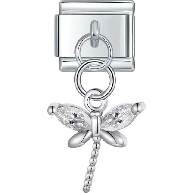 Dragonfly-shaped dangle design with clear crystal wings Italian charm bracelet link