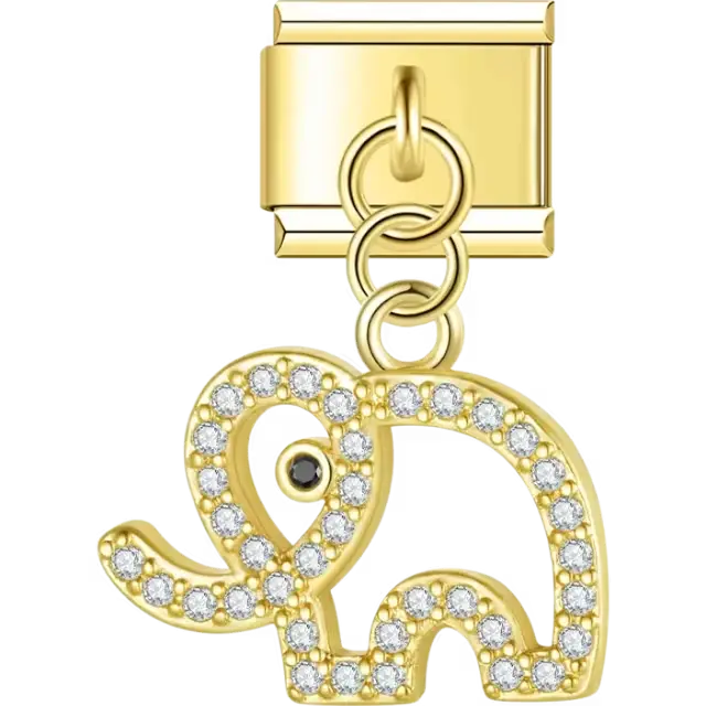 Openwork elephant-shaped dangle charm adorned with pavé crystals and a black eye accent Italian charm bracelet link