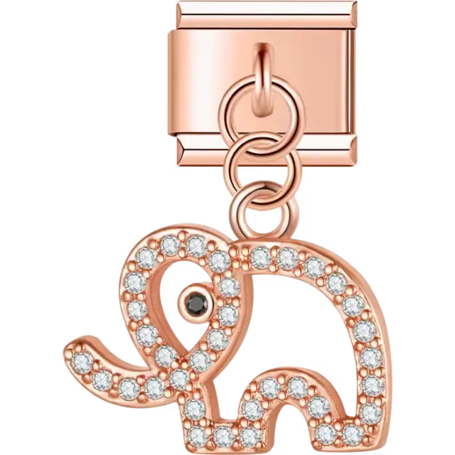 Openwork elephant-shaped dangle charm adorned with pavé crystals and a black eye accent Italian charm bracelet link