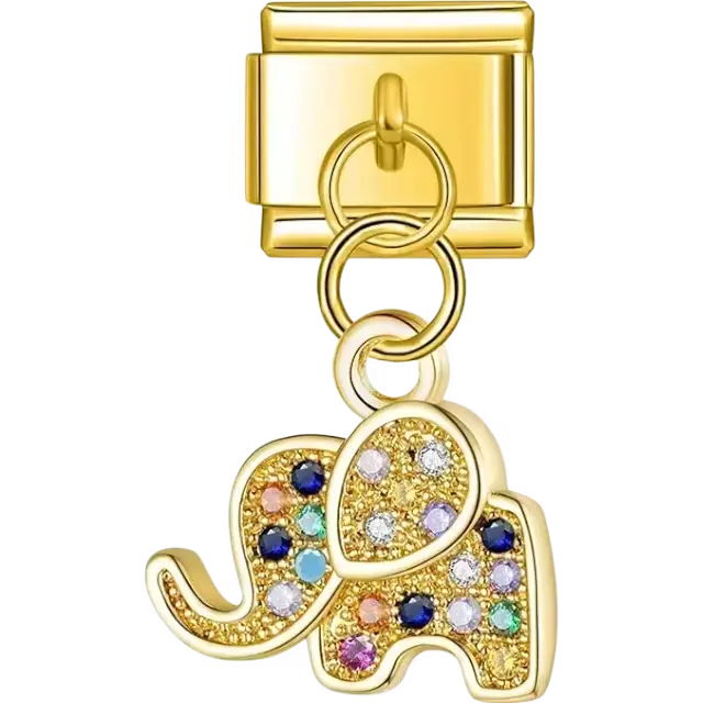 Silver elephant-shaped dangle design with colorful crystal accents Italian charm bracelet link