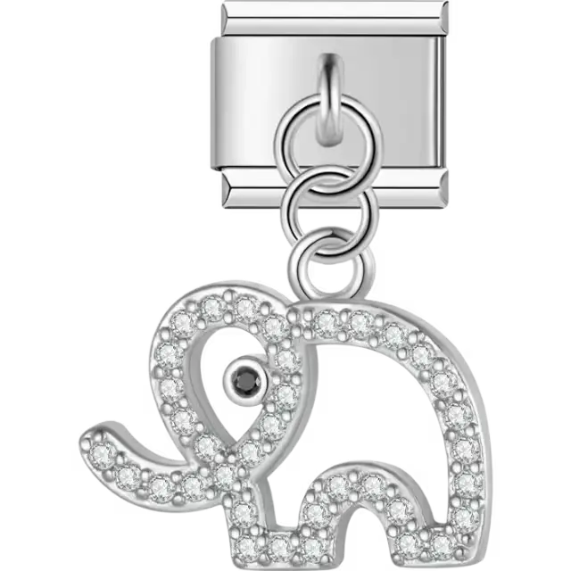 Openwork elephant-shaped dangle charm adorned with pavé crystals and a black eye accent Italian charm bracelet link