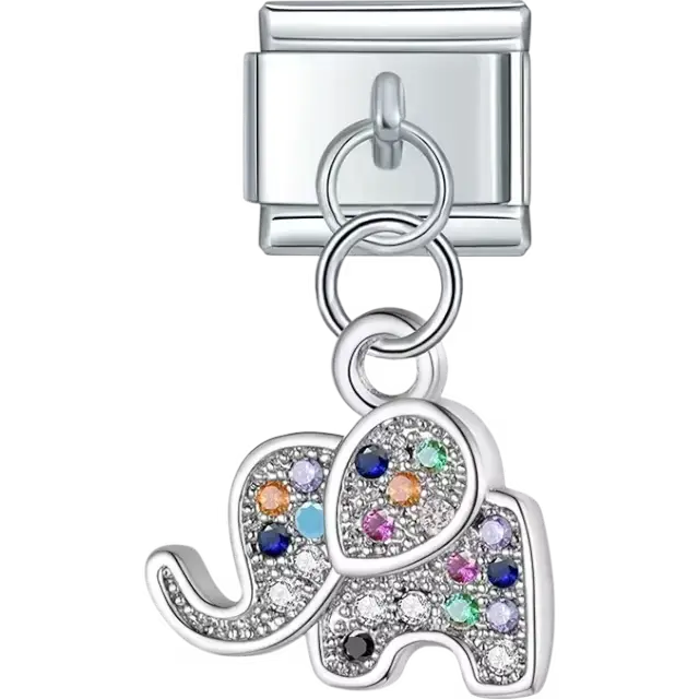 Silver elephant-shaped dangle design with colorful crystal accents Italian charm bracelet link
