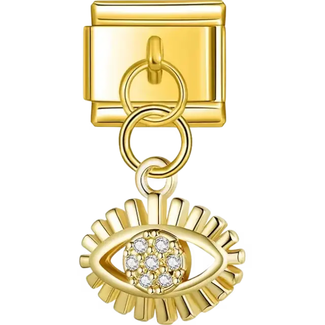 Dangle evil eye with radiating rays and clear crystal accents Italian charm bracelet link