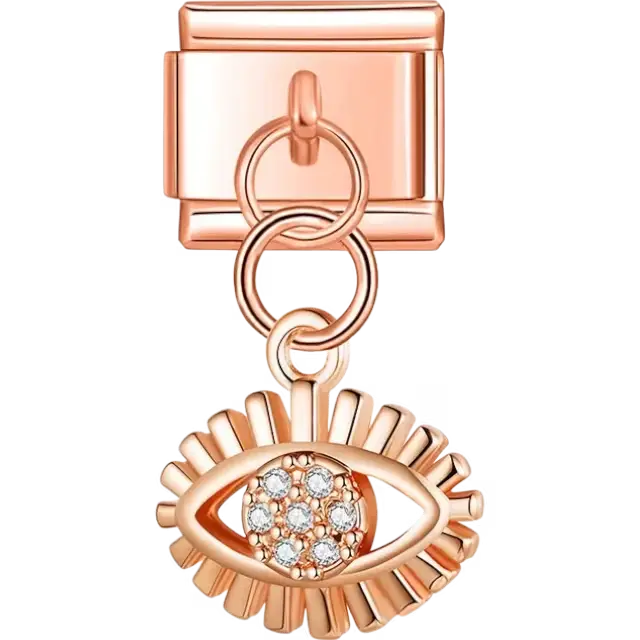 Dangle evil eye with radiating rays and clear crystal accents Italian charm bracelet link