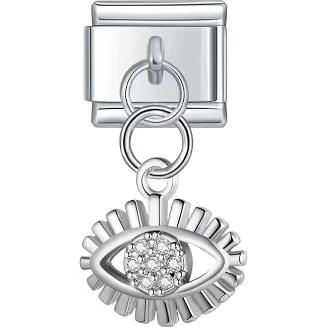 Dangle evil eye with radiating rays and clear crystal accents Italian charm bracelet link