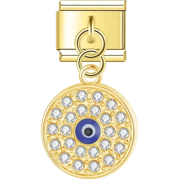 Gold dangling circular design featuring a central blue evil eye surrounded by clear crystals Italian charm bracelet link