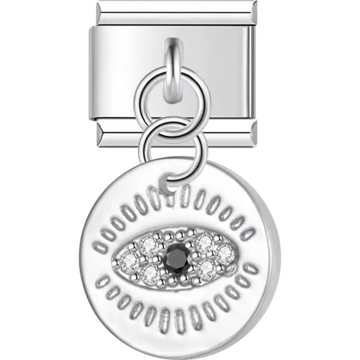 Circular charm with evil eye design featuring crystal accents and dark central stone Italian charm bracelet link