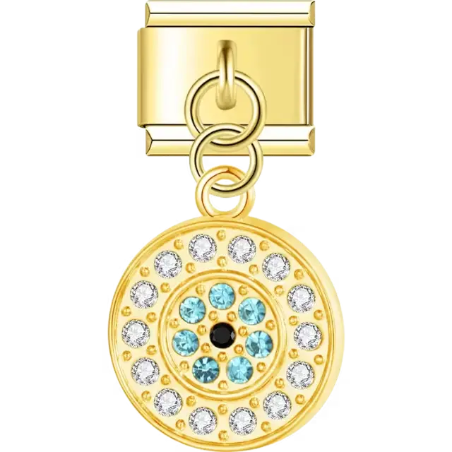 Gold dangling circular disc featuring a blue evil eye design surrounded by clear crystals Italian charm bracelet link