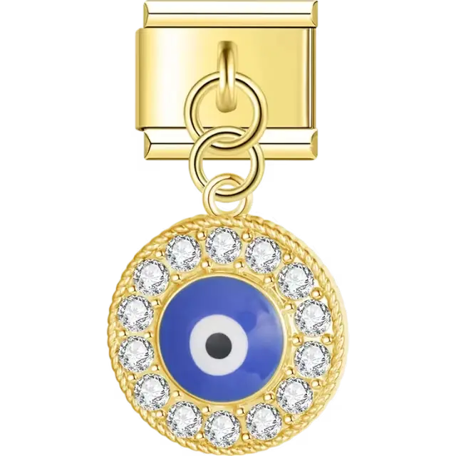 Gold dangling disk with a blue evil eye in the center, surrounded by clear crystals Italian charm bracelet link