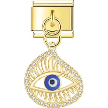 Gold dangling teardrop-shaped design with a blue evil eye in the center, crystal accents, and intricate eyelash details Italian charm bracelet link