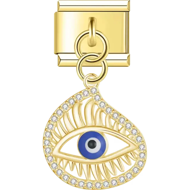 Gold dangling teardrop-shaped design with a blue evil eye in the center, crystal accents, and intricate eyelash details Italian charm bracelet link