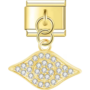 Gold dangling eye-shaped design encrusted with clear crystals Italian charm bracelet link