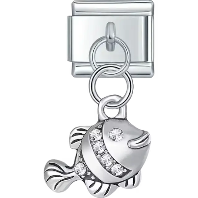 Fish-shaped pendant with striped crystal accents and metallic details Italian charm bracelet link
