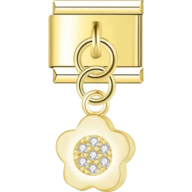 Flower-shaped dangle with clear crystal center Italian charm bracelet link