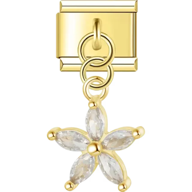 Five-petal clear crystal flower dangle Italian charm bracelet link