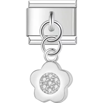Flower-shaped dangle with clear crystal center Italian charm bracelet link