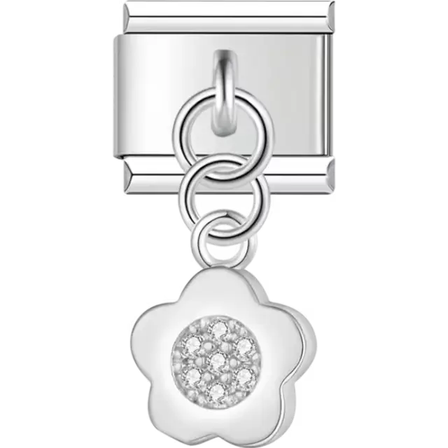 Flower-shaped dangle with clear crystal center Italian charm bracelet link