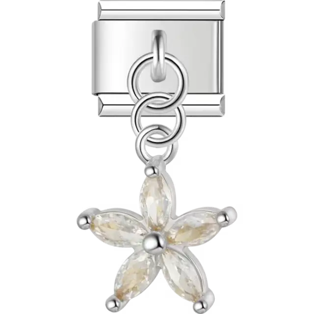 Five-petal clear crystal flower dangle Italian charm bracelet link