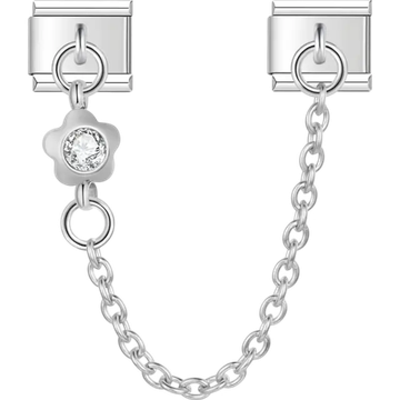 Safety chain featuring a flower-shaped design with a clear gemstone Italian charm bracelet link