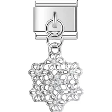 Crystal-studded snowflake with floral details Italian charm bracelet link