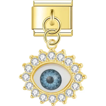 Gold dangling eye-shaped design featuring a detailed blue evil eye surrounded by clear crystals Italian charm bracelet link
