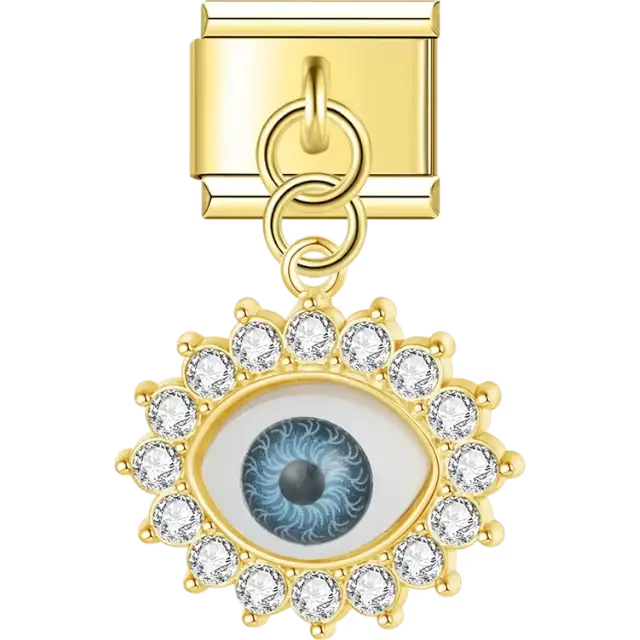 Gold dangling eye-shaped design featuring a detailed blue evil eye surrounded by clear crystals Italian charm bracelet link