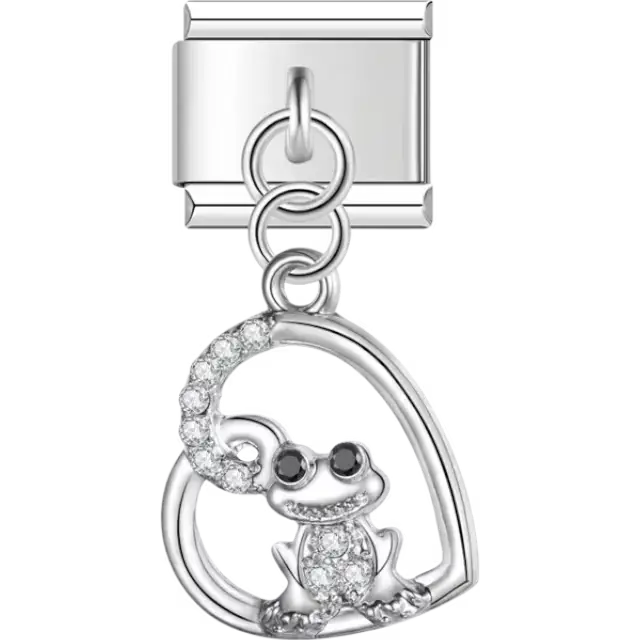 Crystal-studded frog inside an open heart design Italian charm bracelet link