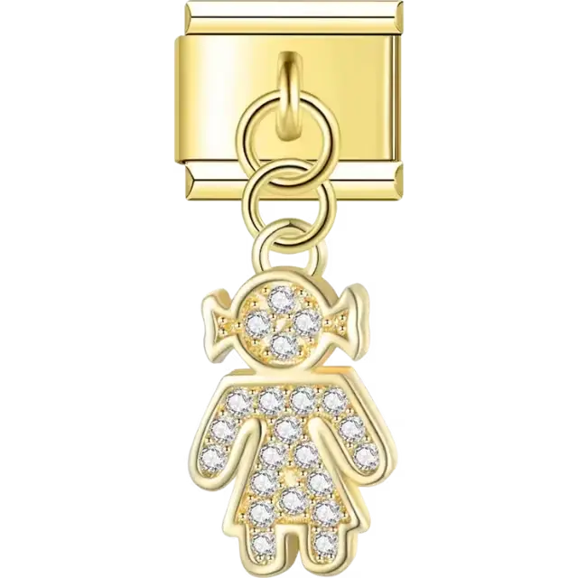 Girl-shaped dangle design with pigtails and clear crystal accents Italian charm bracelet link