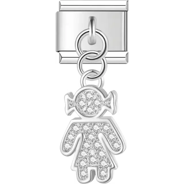 Girl-shaped dangle design with pigtails and clear crystal accents Italian charm bracelet link
